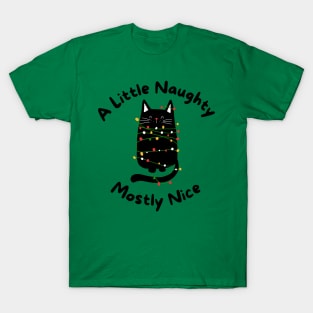 A little naughty mostly nice black cat tangled in Christmas lights T-Shirt